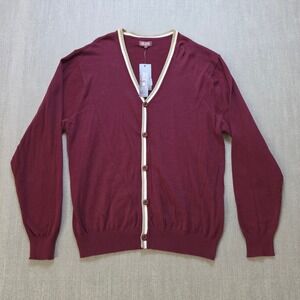 Evolution In Design Cardigan Mens XL Burgundy Trim V-Neck Button Front Cotton
